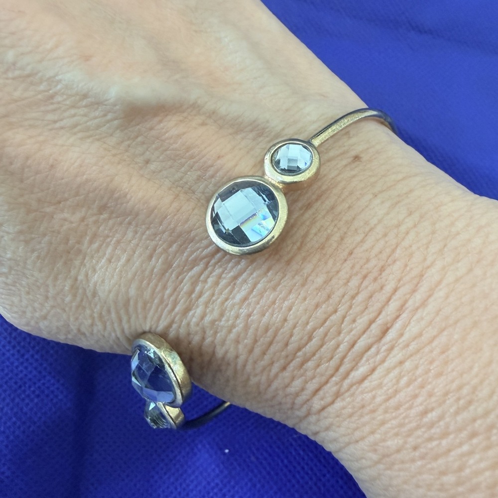 Gold Tone Blue Glass Crystal Stone Cuff Bracelet Womens Open Bangle Statement